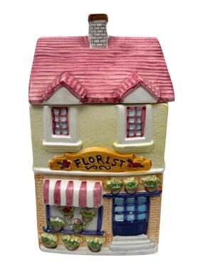 Vintage Florist Shop Cookie Jar Ceramic Cottage House Village Collection 10”